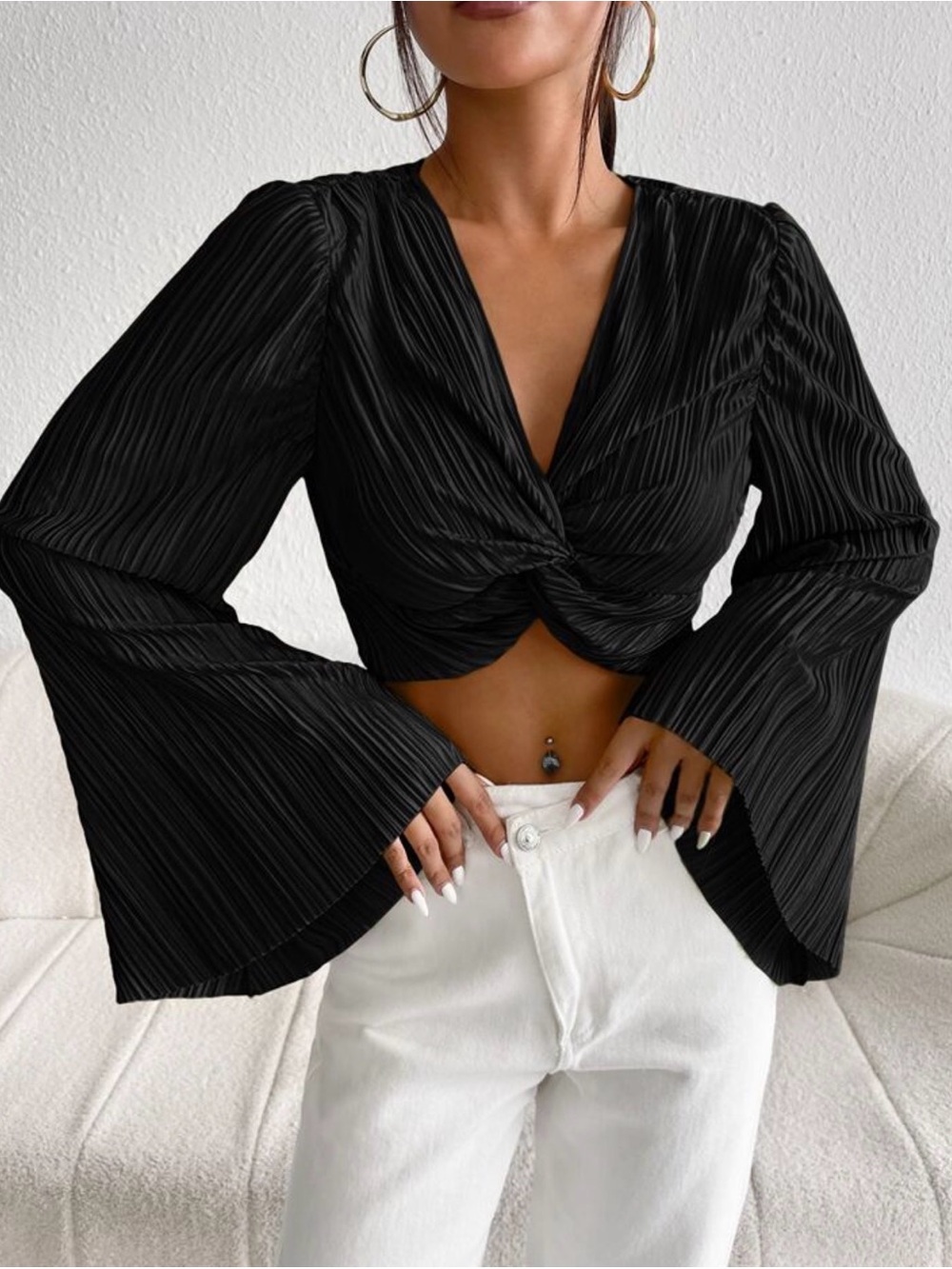 Black Twist-Front Pleated Crop Top - Women